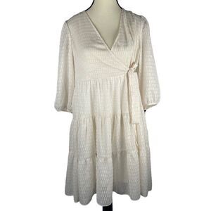 Calvin Klein V-Neck Long Sleeve Tier Ruffled Mini Dress Sz 4 white w gold lines